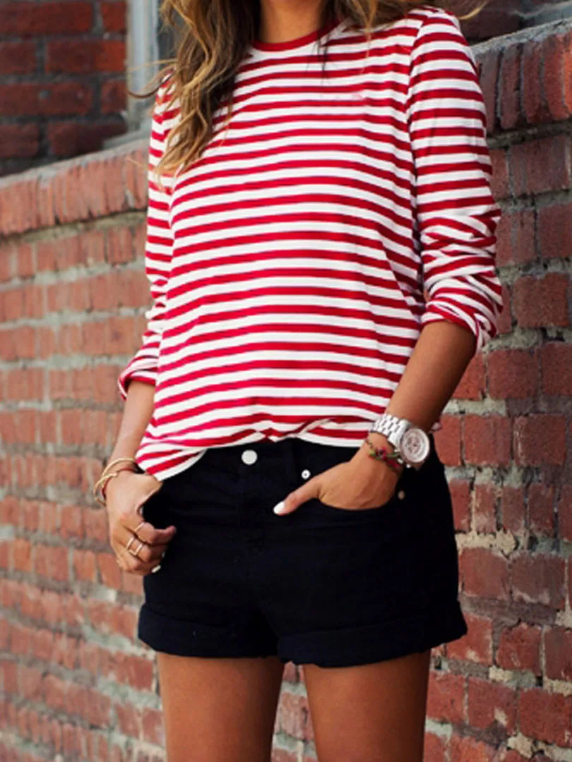 New Casual Women Red White Striped Long Sleeve T Shirt Cotton Loose Shirt Female Basic O-Neck Tops Tee Autumn Pullovers