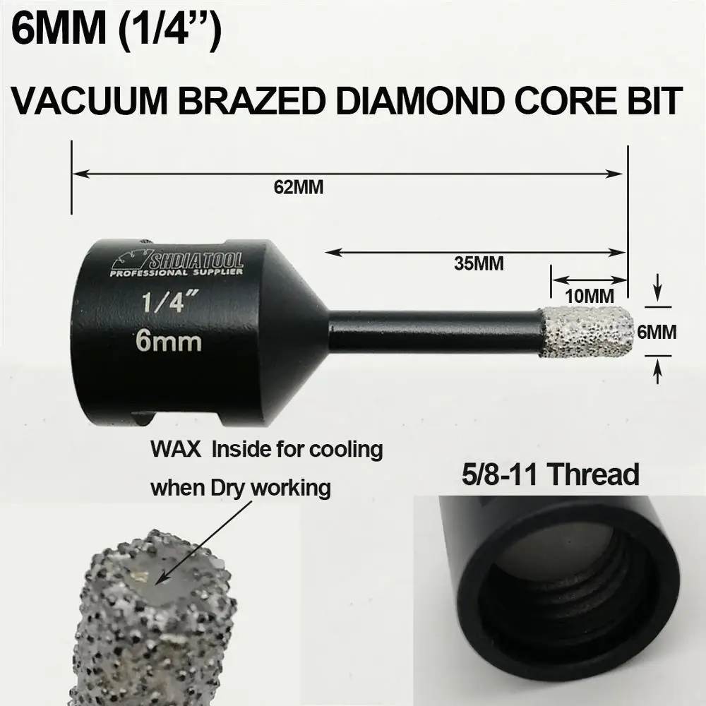 2pcs/set Vacuum brazed diamond Dry drilling bits with 5/8-11 connection Drill bits Diameter 6mm+8mm(1/4"+5/16")
