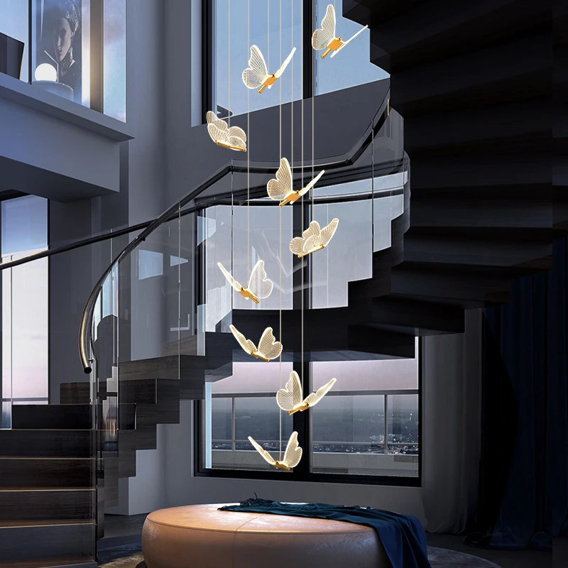 Jmzm Modern LED Chandelier Butterfly Long Chandelier Adjustable Length Duplex Stair Light Living Room Art Dining Light