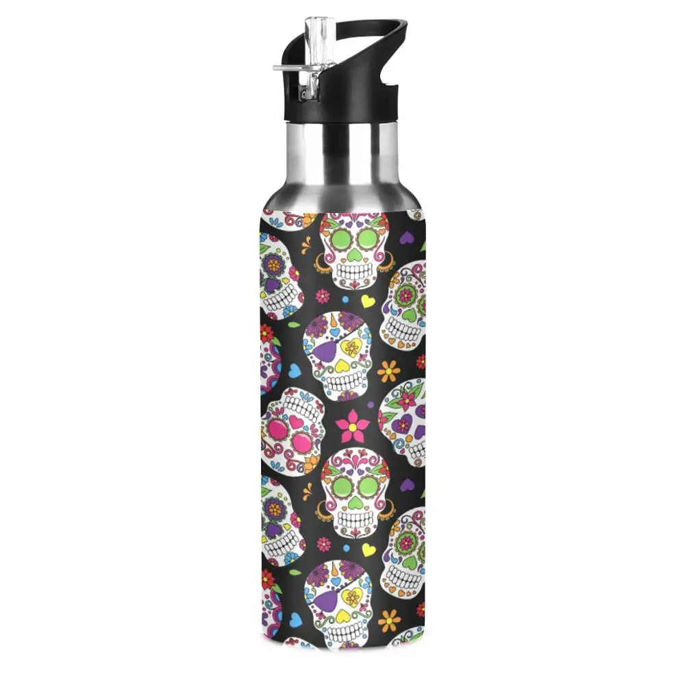 Day Of The Dead Skull Water Bottle 600ml Stainless Steel Sports Bottles with Straw Cycling Hiking Hot Cold Bottle Drinkware