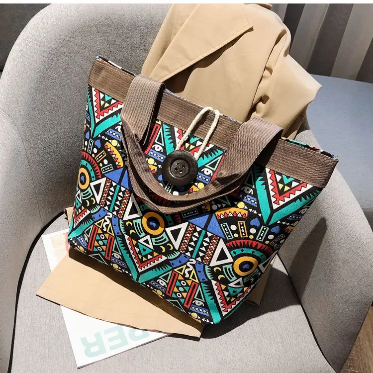 New Ethnic Style Bag Portable Shoulder Bag Casual Bohemian Canvas Bag Fashion Student Tutorial Bag Printed beach mommy bag