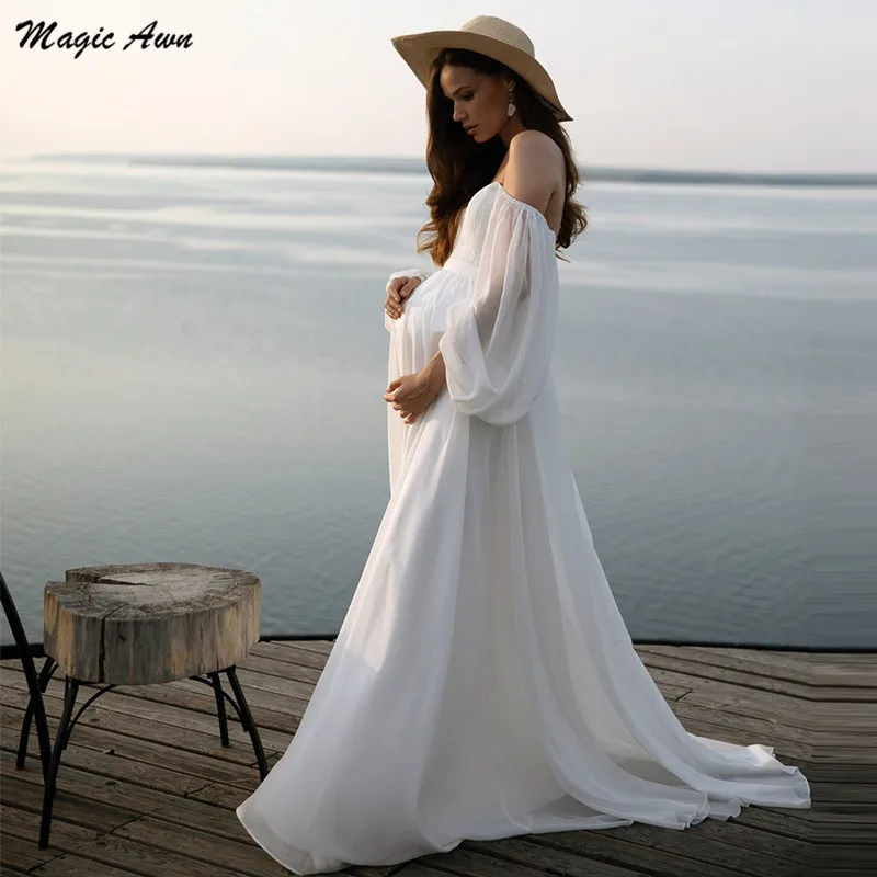 Magic Awn Beach abiti da sposa premaman con spalle scoperte maniche lunghe a sbuffo abiti da sposa in gravidanza Boho in Chiffon semplice abiti