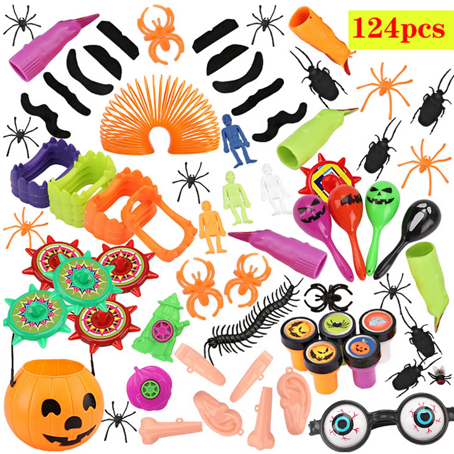 

100pcs 124pcs Halloween Toys Kit Fake Spider Vampire Teeth Whistles Witch Finger Nails Toys for Halloween Party Decoration