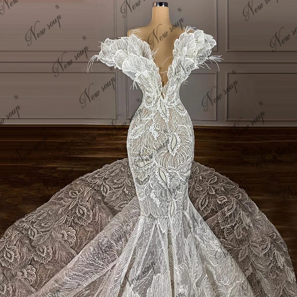 Robe De soirée De forme sirène, jolie Robe De bal De standing, style arabe, dentelle, fleurs 3D, plumes, col en v, dubaï, 2021