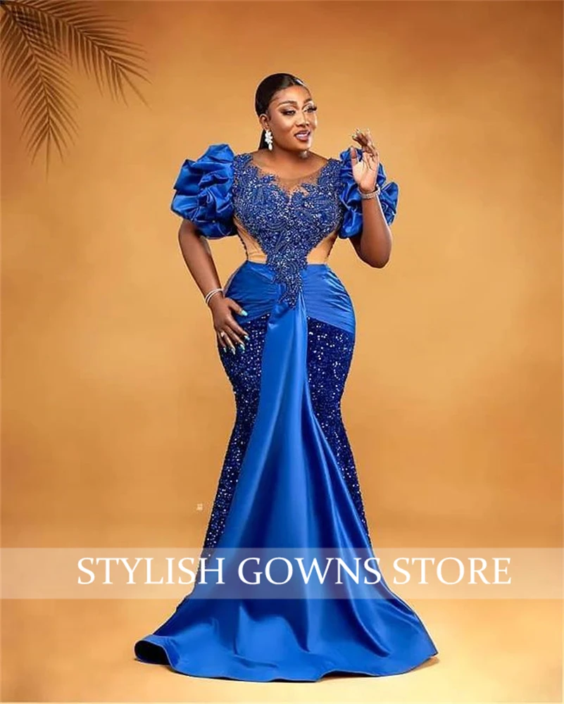 Aso Ebi African Royal Blue Sheer O Neck Evening Dresses Sequins Bead Long Luxury 2023 Formal Gowns Women Elegant Robe De Soiree