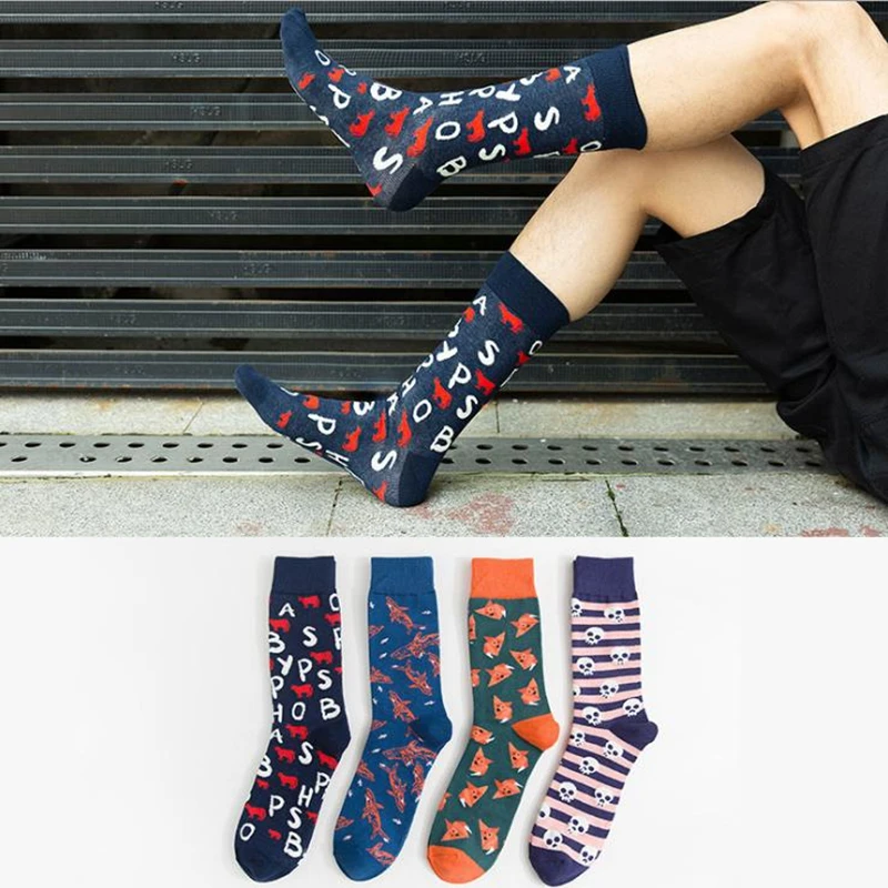 New Colorful Cartoon Men\'s Long ​Socks Happy Fashion Fox Whale Letter socks Harajuku Hip-Hop Funny Skull Socks Male ​HolidayGift