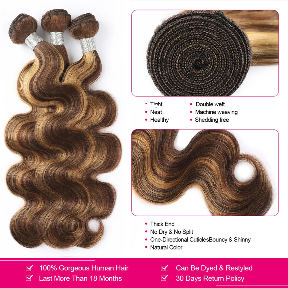 Highlight Bundles 100% Human Hair Brazilian Body Wave Hair Weave Bundle P4/27 Blonde Remy Hair Extensions For Girls Women