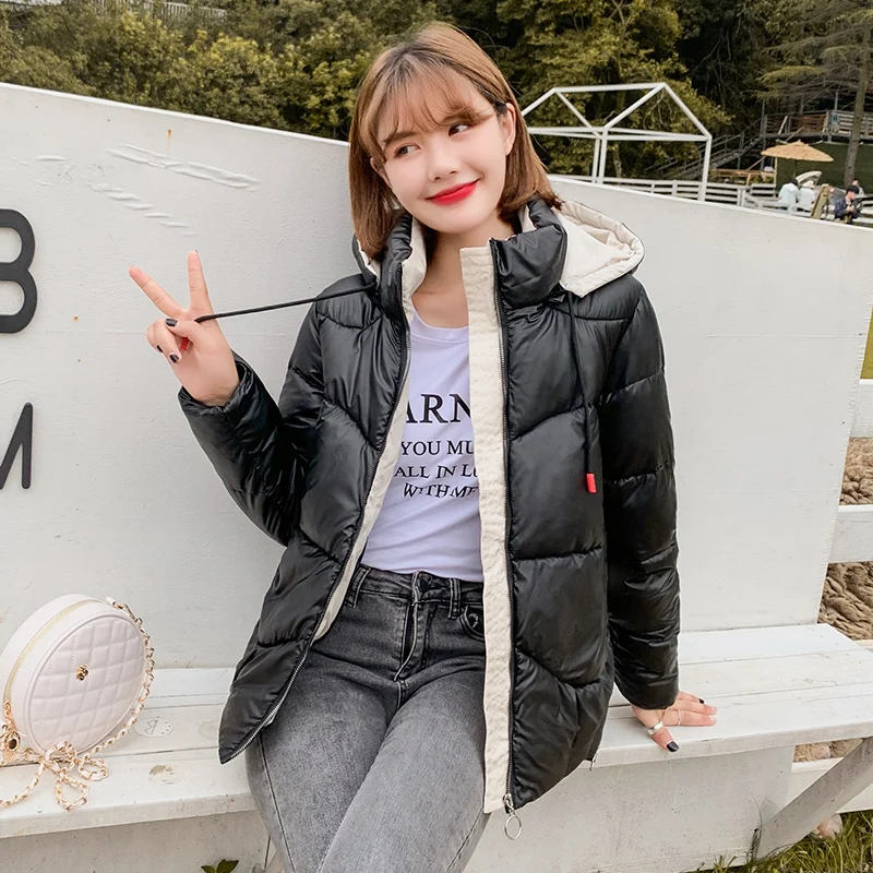 

Korean Style Women's Winter Jacket Plus Size Loose Solid Hooded Short Parkas Woman Cotton Padded Stand Collar Thick Coats Female