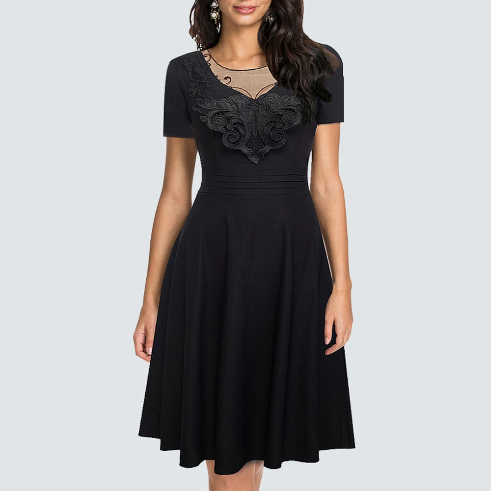 

Spring Women Elegant Black Mesh Lace Patchwork Cocktail Party Retro Flare Dress HA084