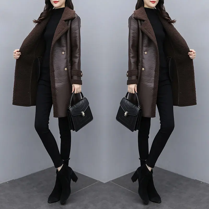 2025 Autumn Winter Jacket New Women\'s Fur One PU Leather Coats  Loose Ladies Outwear With Thicker Overcoat Female Tops