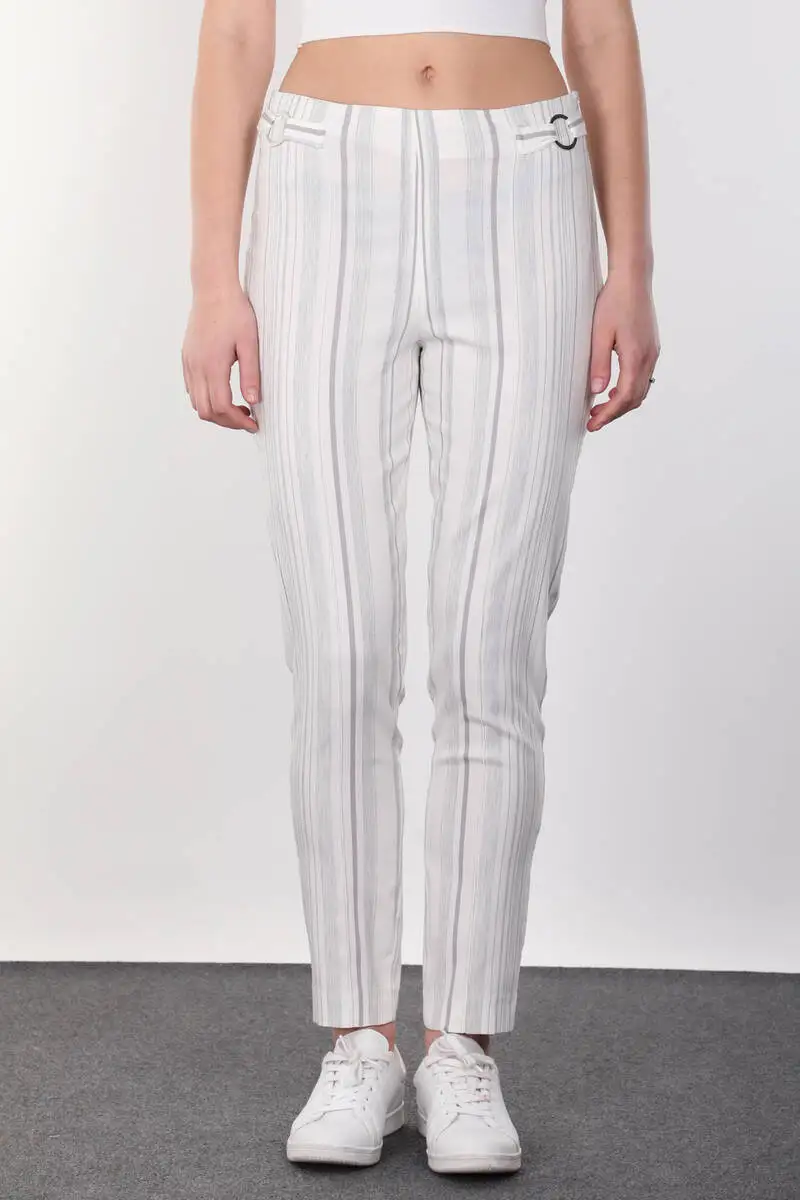 Belt Buckle Detail Striped Draped Women 'S Fabric Pants