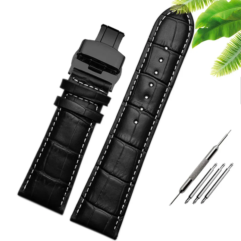 Genuine Leather Watch-Strap Band with Butterfly Clasp
