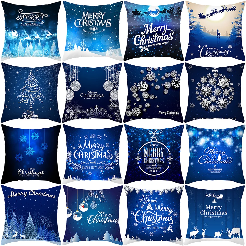 

Christmas pillowcase, elk printed peach skin sofa pillow, dark blue snowflake landscape home pillow pillows decor