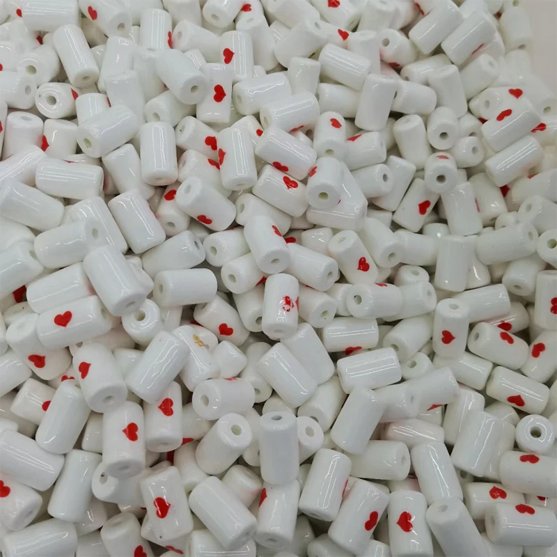 15pcs 10x17mm Tube Shape White Ceramic Beads Loose Spacer Small Red Heart Cylinder Ceramics Bead For Jewelry Making Accessories