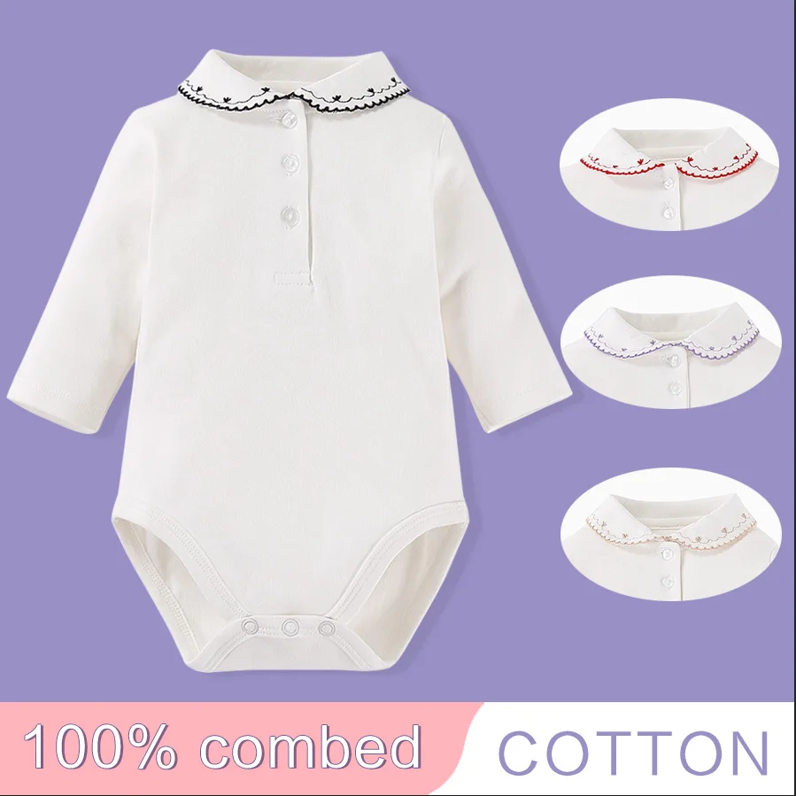 Barboteuse à col Floral pour bébé, chemise pour bébé, combinaison en coton pour fille, vêtements à manches longues, blanc, printemps et automne