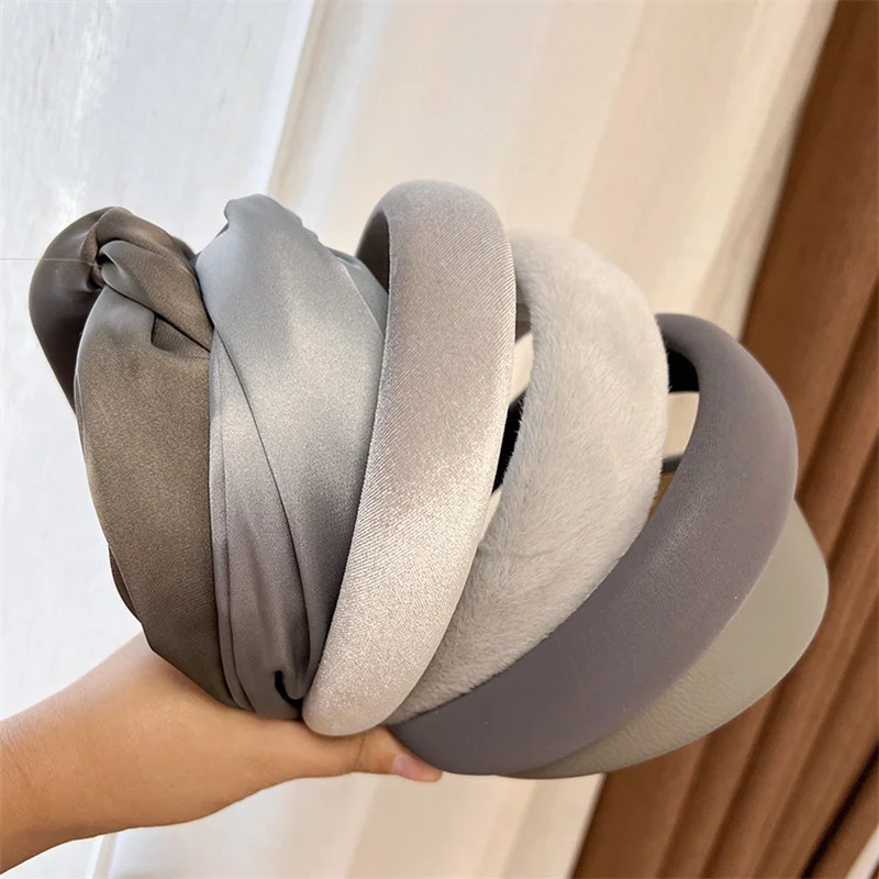 Korea Fashion Gray Series Sponge Hairband Wide Padded Headband Womens Girl Solid Color Knotted Hairbands Hair Hoop Accessories