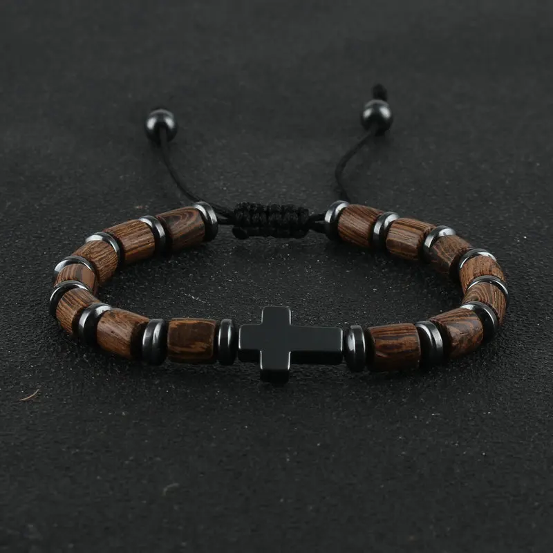 Hematite Cross Charm Bracelet Handmade Adjustable String Chain Lucky Wooden Beads Bracelets for Women Men Jewelry Friend Gift