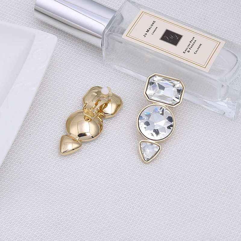 Trendy Big Geometric Transparent Glass Stone Clip On Earrings No Pierced for Women Boho Style Ear Clips with golden brincos