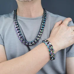 Stainless Steel Miami Curb Rainbow Cuban Link Chain Bracelet Necklace Set For Men 11~16mm width