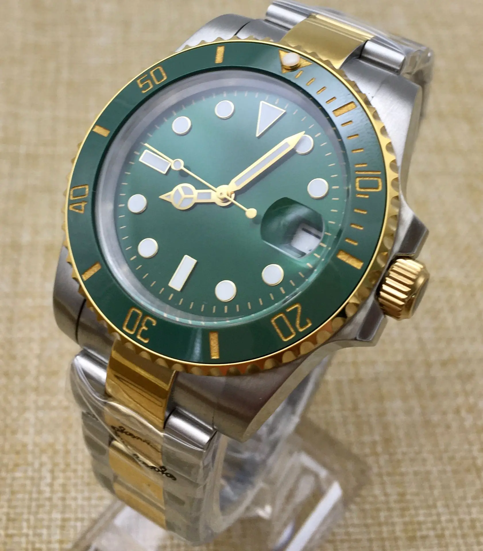 40MM Green Dial Men\'s Automatic Watch Gold Plated Case Luxury Mechanical Watch Stainless Steel Strap Luminous