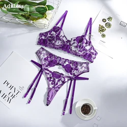 Aduloty's New Candy Color Women's Lace Embroidered Sexy Lingerie Underwire Bra Thin See-Through Erotic Underwear Three-Piece Set