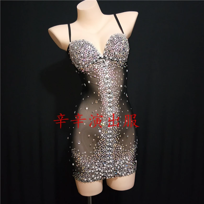 

Women New Black Party Stage Wear Crystals Transparent Mesh Sexy Dress Outfit Female Modern One Piece Sexy Rhinestone Costumes