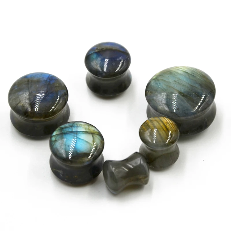 1Pair Natural Labradorite Stone Ear Flesh Tunnel Plugs Double&Single Flared Plug Glow Stone Ear Gauges Expander Ear Piercing