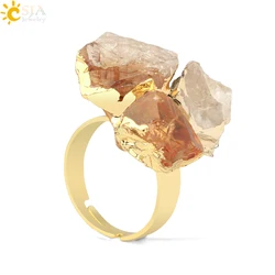 CSJA Gold Color Natural Stone Ring Irregular Yellow Crystal Quartz Rings for Women Adjustable Handmade Wedding Engagement G711