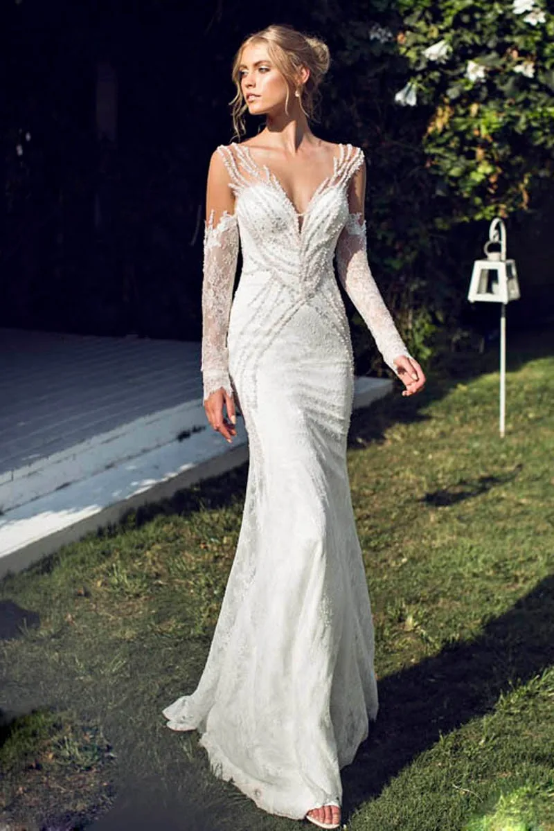 Robe de mariée sirène en dentelle à manches longues, en cristal, personnalisé, Sexy, dos nu, robes mère de la mariée, 2018