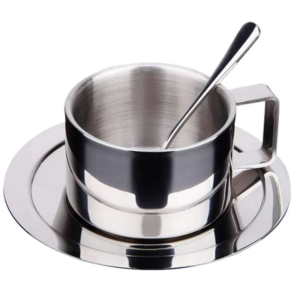 Stainless Steel Coffee Cup Saucer Spoon Set,Stainless Steel Double Wall Espresso Coffee Cup and Saucer,cappucino Coffee Flask