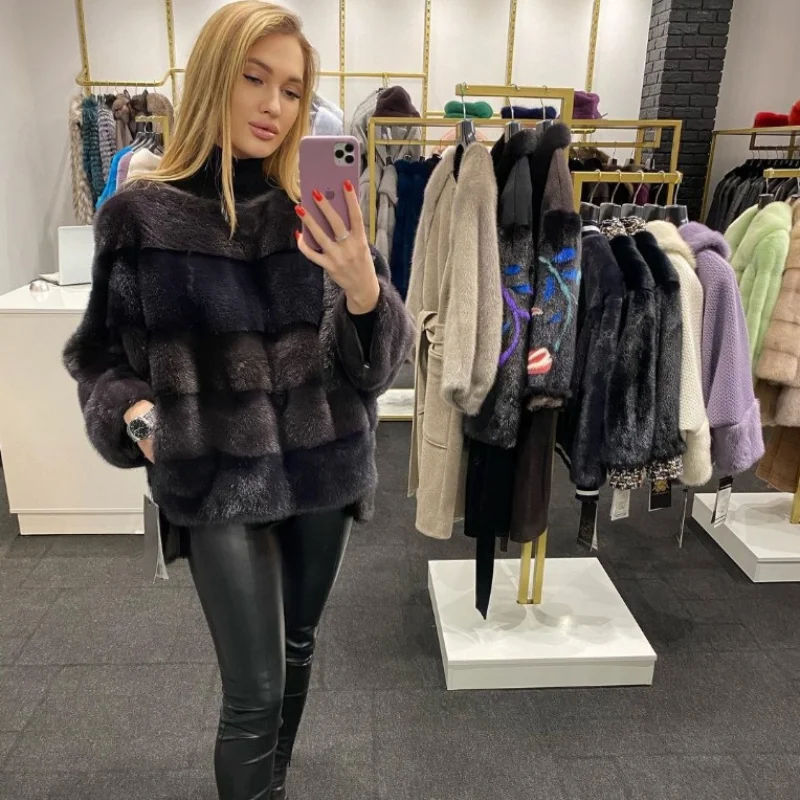 FURSARCAR 2021 Casual Stil Real Nerz Jacke Natürliche Nerz Pelzmantel Silm Weibliche Top-Mode Dicke Warme Winter Frauen mantel