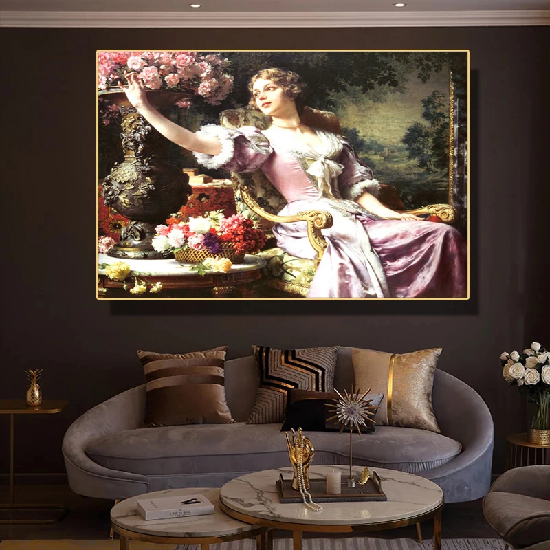 European Style Classical Beautiful Rich Girls Woman Court Lady Posters Canvas Painting for Living Room Wall Art Home Decor