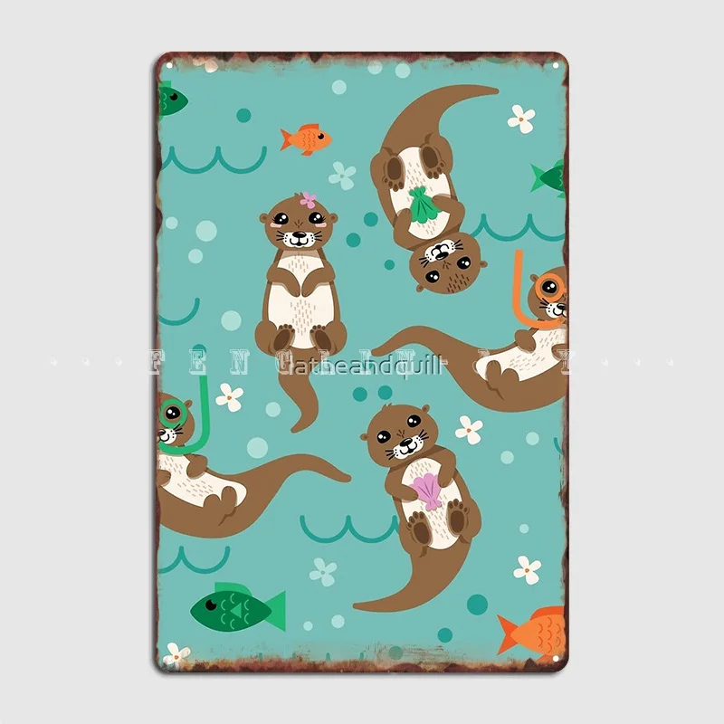 Kawaii Otters Playfully Swimming Metal Sign Wall Cave Cave Pub Design Garage Decoration Tin Sign Posters