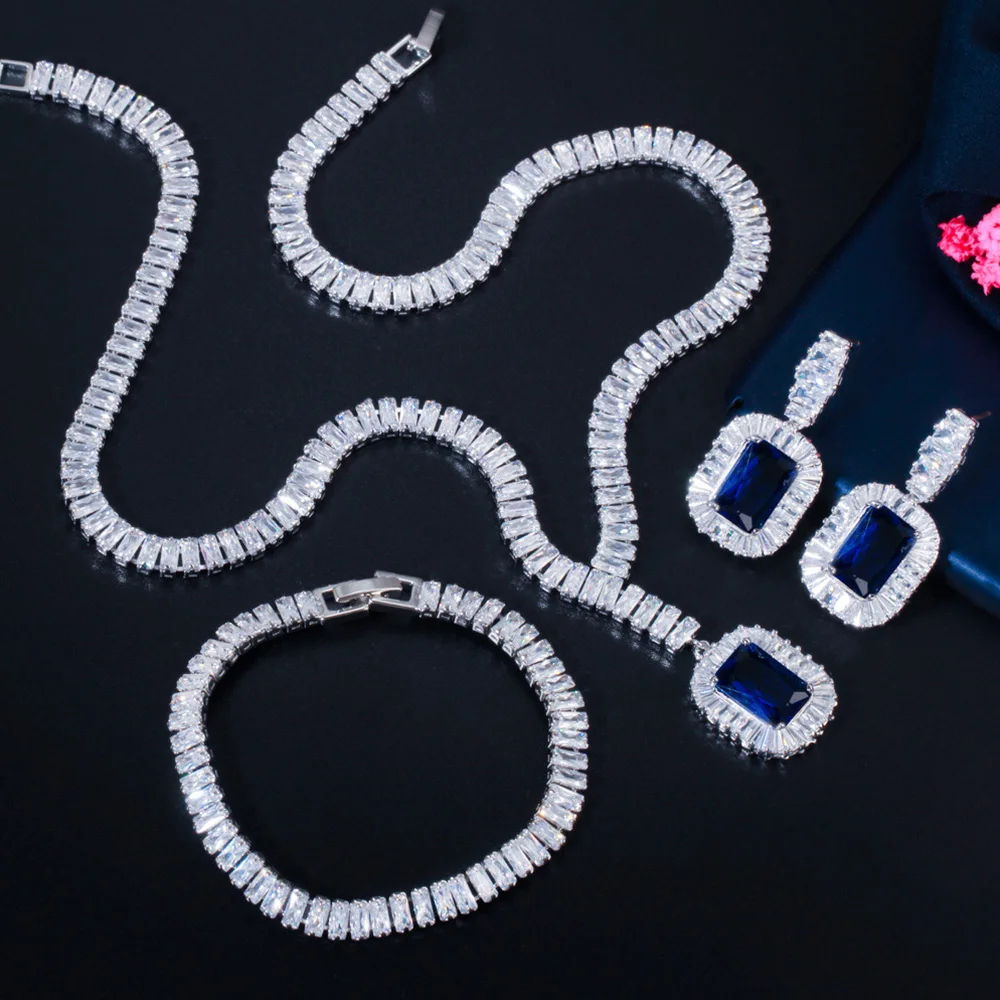 Pera Classic 3Pcs Engagement Wedding Party Square Crystal Jewelry Set Women Necklace Earrings Bracelet Jewellry Accessories J413