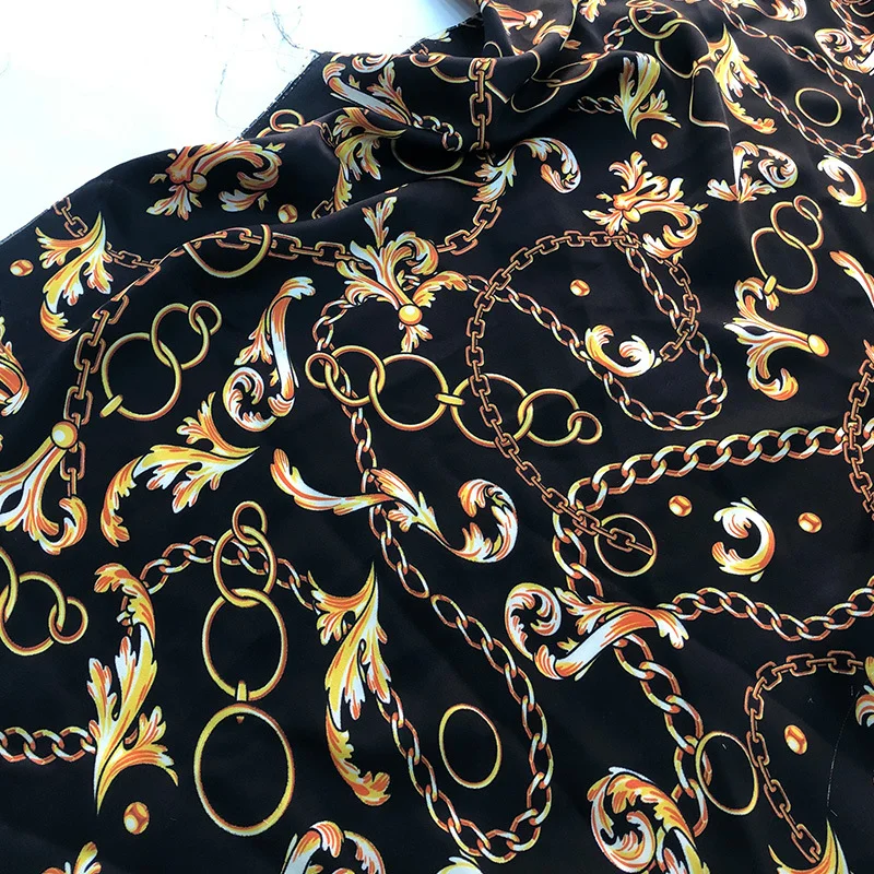 

Italian Brand Baroque Chain Printed Fabric Polyester Satin Black Soft Clothing Shirt Fabrics Cloth for Dress Per Meter Sewing