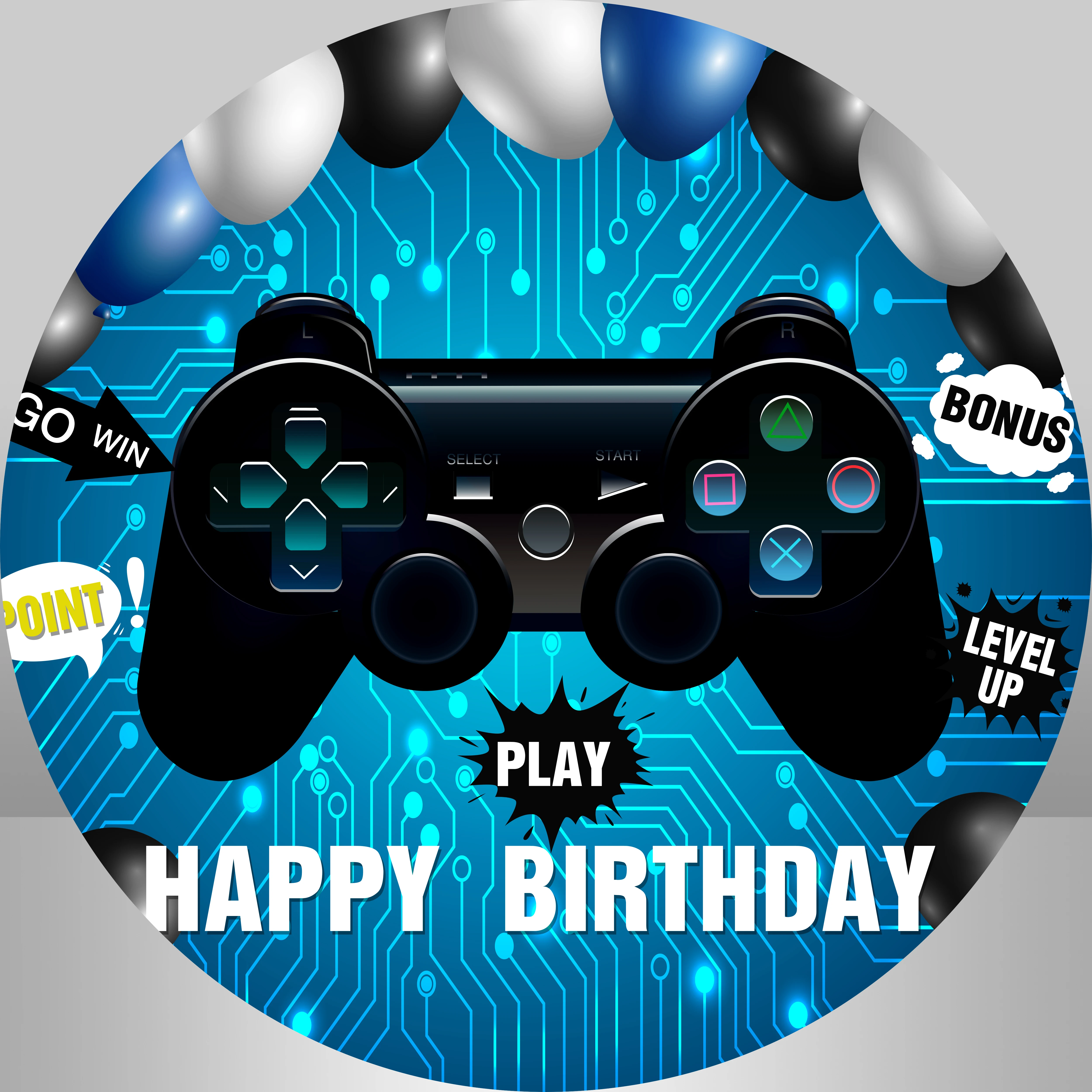 Game On Theme Round Backdrop Cover Happy Birthday Black Blue Balloons Boy Birthday Party Decor Personalized Background