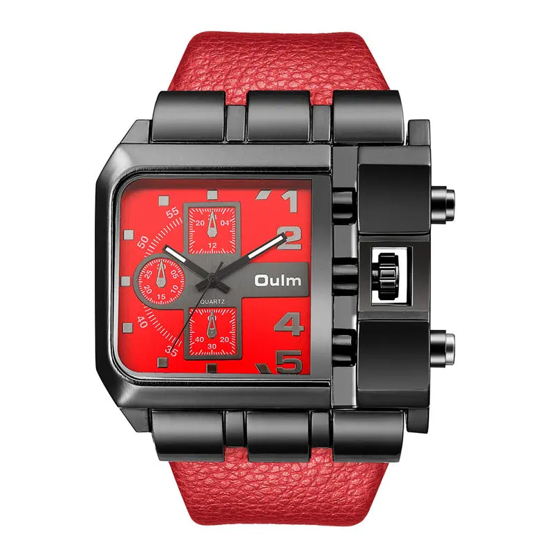 OULM-Reloj deportivo de cuarzo para hombre, cronógrafo de pulsera, cuadrado, grande, de lujo, de cuero, color rojo, 3364