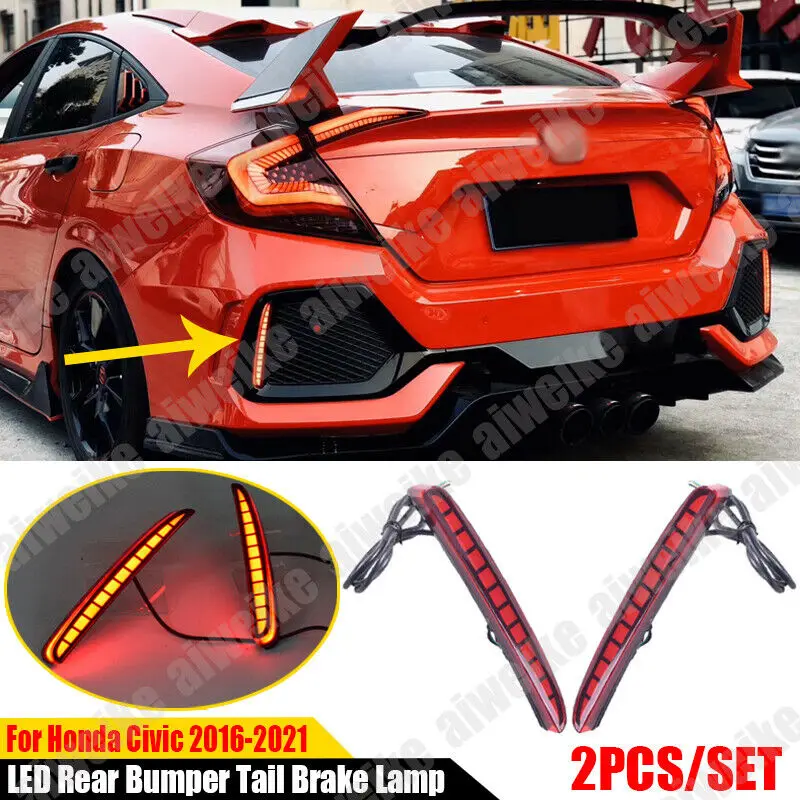 2PCS For Honda Civic Type R 2016 17 18 19 20 2021 Car LED Rear Bumper LED Fog Light Tail Lamp car acesssories