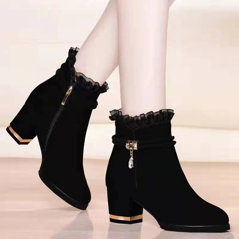 Autumn and Winter Suede Women Ankle Boots Thick Heel Sexy Women\'s Boots Lace All-match Side Zipper High Heels Women Nude Boots