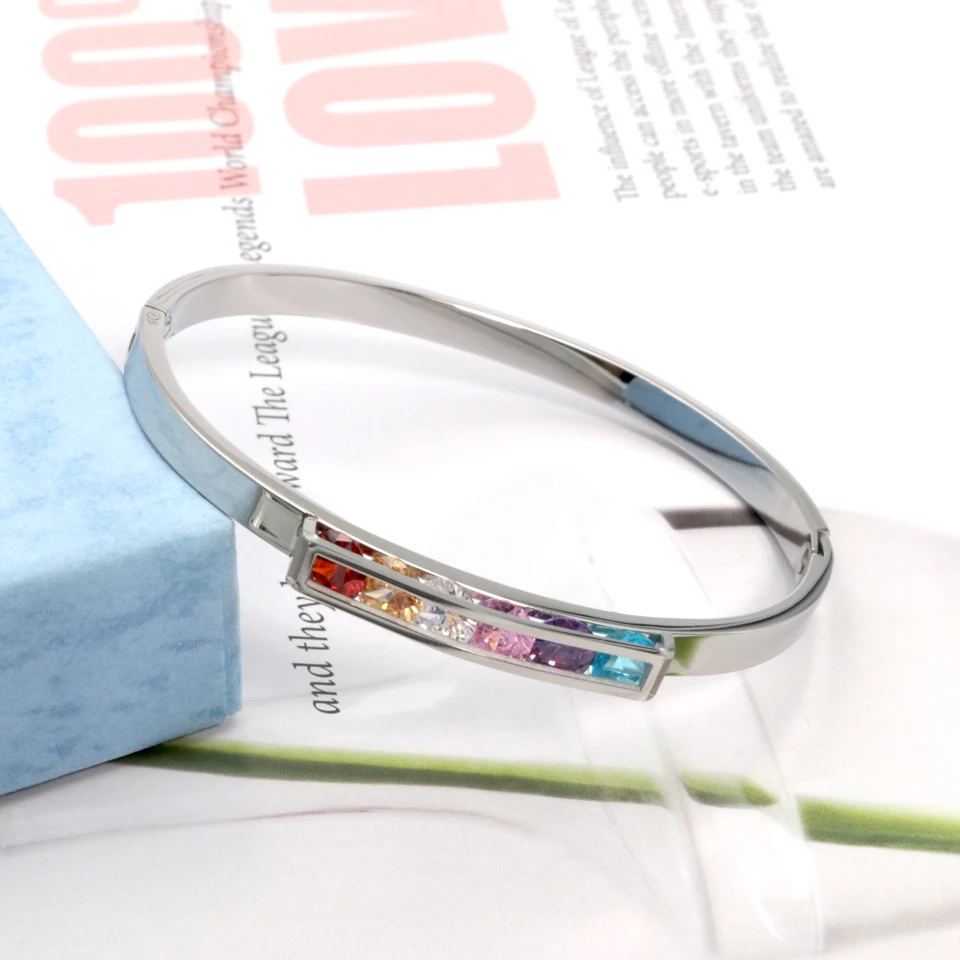 New Design Trendy Stainless Steel Colorful Zircon Crystals Bangles & Bracelets For Women 18 k Minimalist Luxury Brand Jewelry