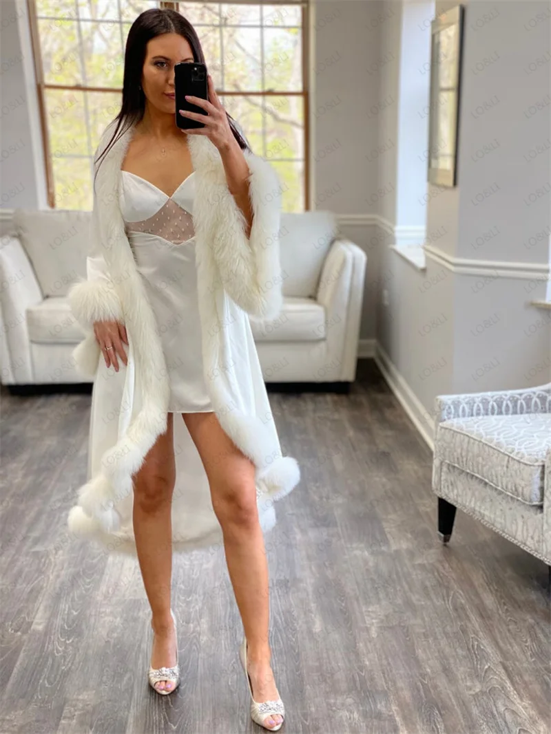 LO&LI White Fur With Robe Silk Lingerie Sexy Women Satin Bridal Robe Pajamas Feather Nightgown Wedding Gown Ready Custom Made