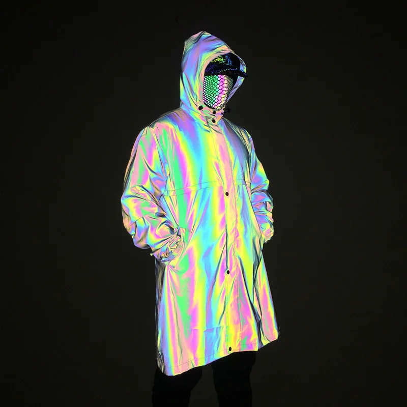 Reflective Trench Jackets For Men 2021 Brand Hip Hop Dance Fluorescent Overcoats Male Steampunk Waterproof Cloak Coats Masculino