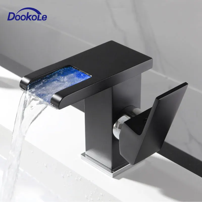 dookole led cachoeira torneira da bacia do banheiro unico punho misturador de agua fria e quente pia da mudanca cor rgb alimentado por fluxo agua 01