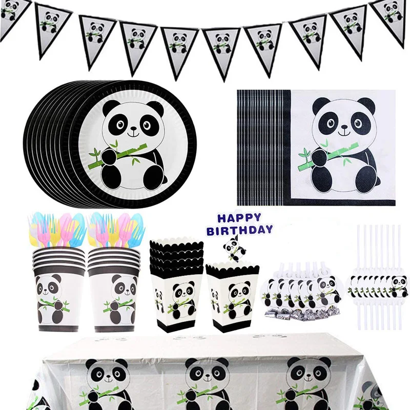 Panda birthday Party Supplies Panda Disposable Tableware Set Panda Plates Cups Napkins Straws Banner Tablecloth Popcorn Boxes