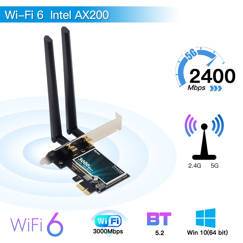 

3000Mbps Dual Band 2.4GHz/5GHz Express Bluetooth-compatible 5.1 802.11AC/AX Intel AX200 PCIe Wireless WiFi Card Adapter MU-MIMO