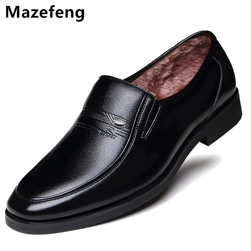 Mazefeng 2019 Winter Warm Men Leather Shoes With Velvet Men Dress Shoes Business Classic Square Toe Formal Leather Shoes Men