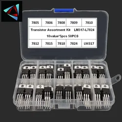 Kit surtido de transistores, Caja Reguladora de voltaje de 10x5 piezas, 50 piezas, LM317T, L7805, L7806, L7808, L7809, L7810, L7812, L7815, L7818, L7824