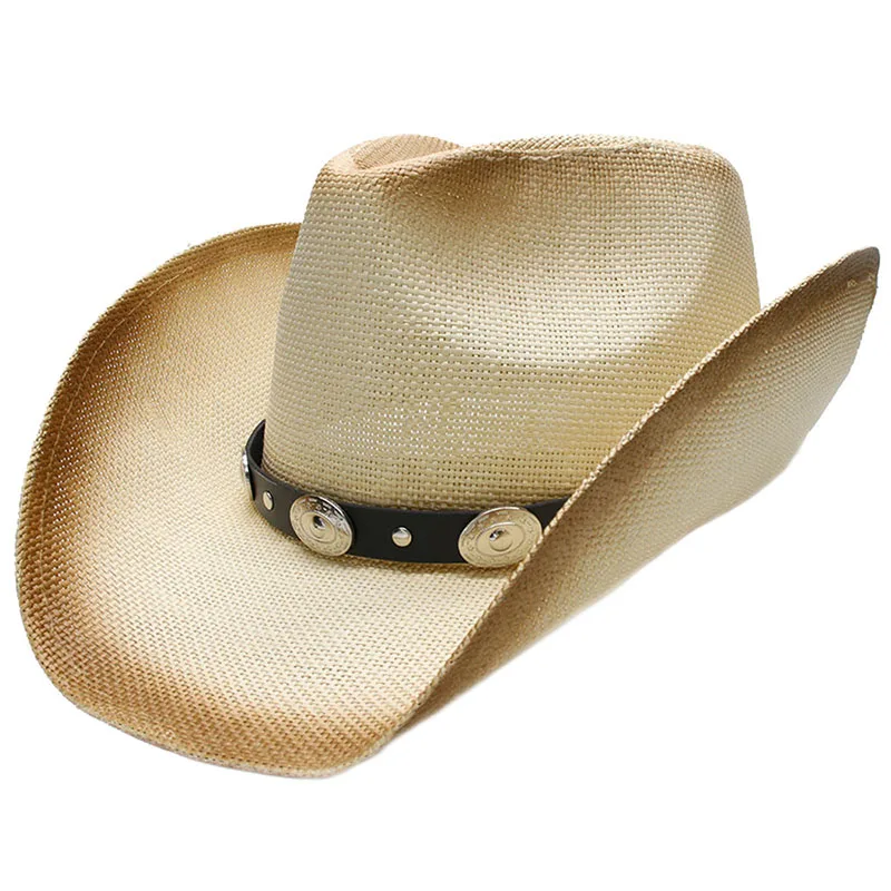 

Punk Style Women's Men's Unisex's Summer Straw Wide Brim Beach Western Cowgirl Fedora Cowboy Hat Alloy Beads Leather Band (58CM)