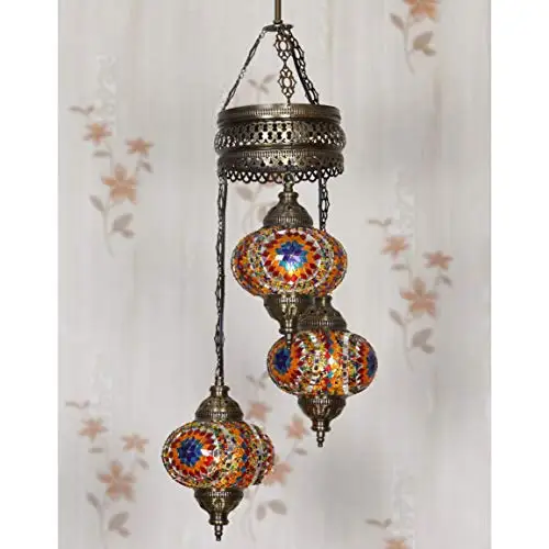 LaModaHome 35 + Unique Colors, 2020 Customizable Chandelier 3 Globes + Free 3 Bulbs, stunning Mosaic Turkish Lamp Moroccan Light