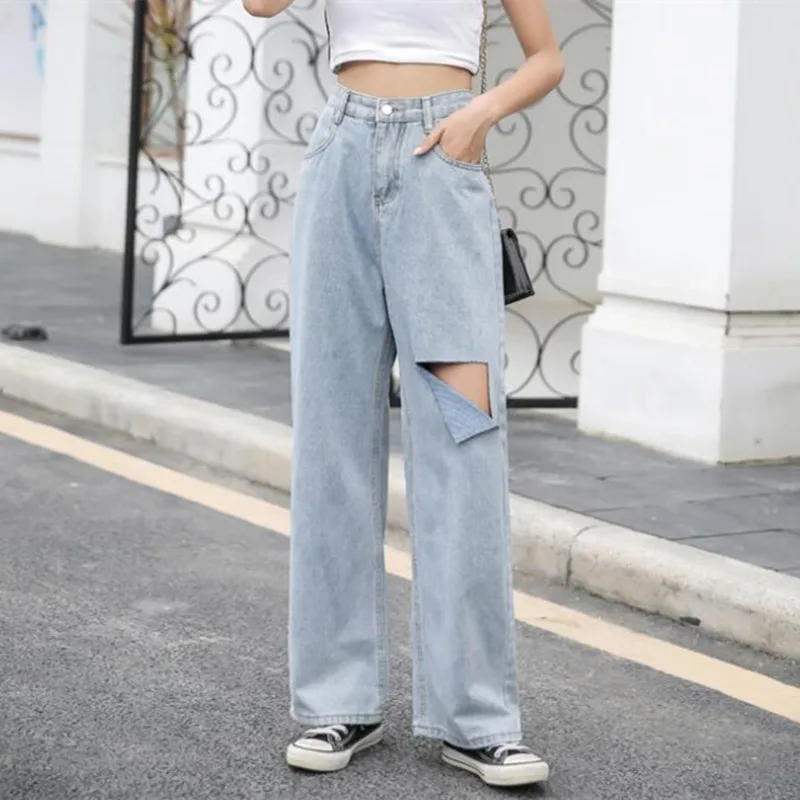 

Woman Jeans Ripped High Waist Clothes Wide Leg Denim Clothing Streetwear Vintage Quality Nice Vogue Harajuku Straight Pants